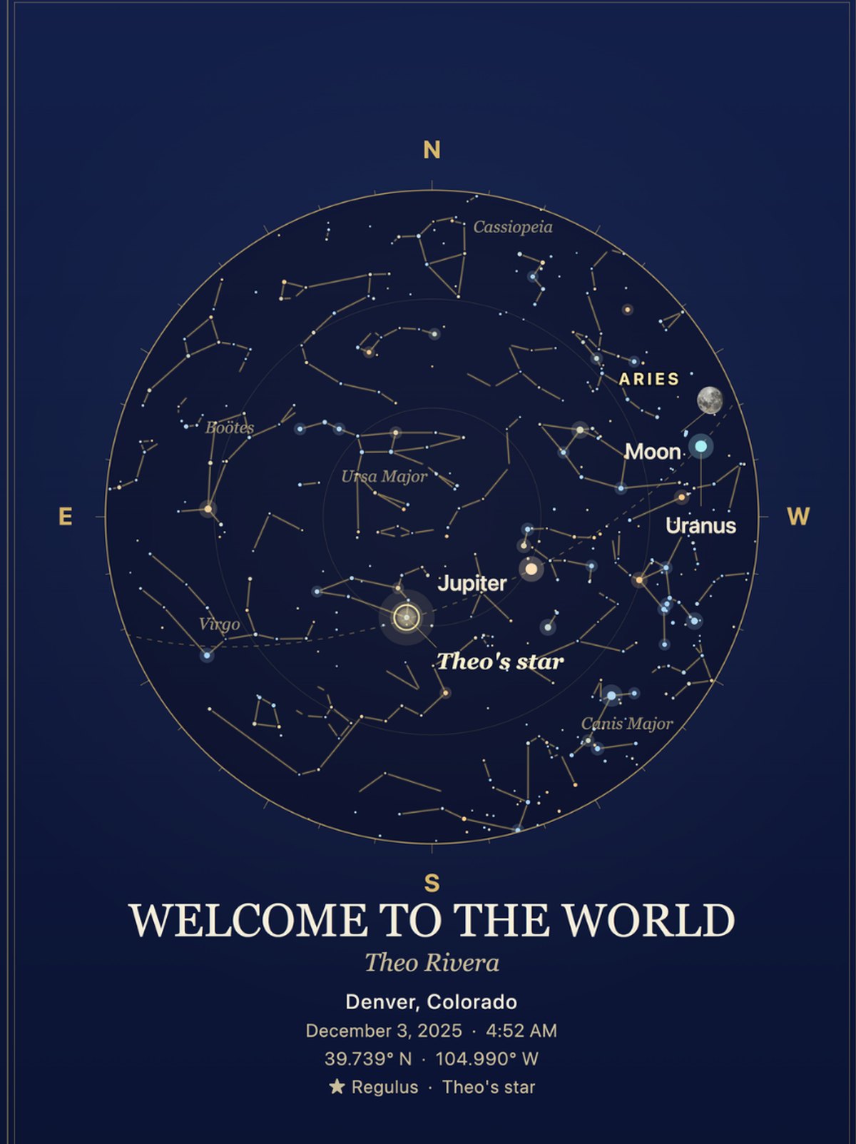 A cream star map titled 'Welcome to the World' in a white frame above a crib in a sage-green nursery.
