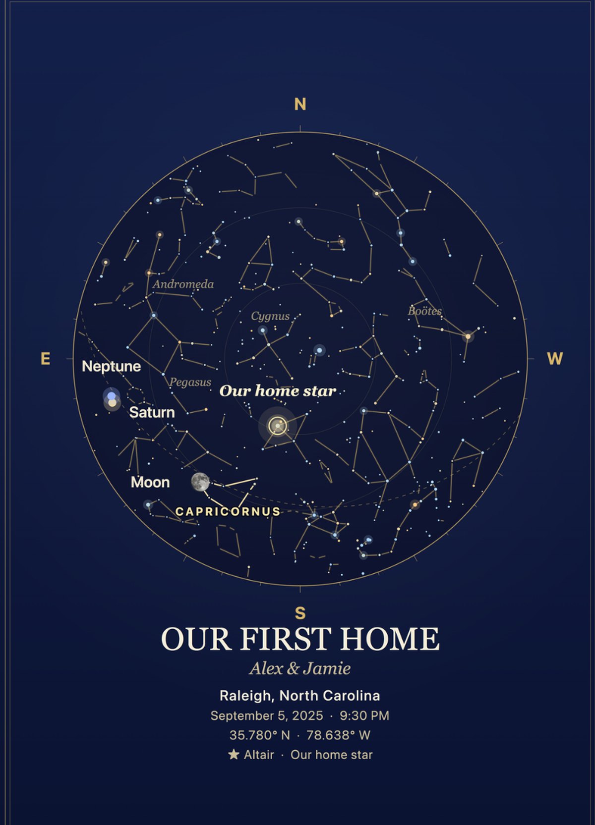 A navy star map titled 'Our First Home' framed in a sunny entryway above a console with a ceramic bowl, a potted olive tree and moving boxes.