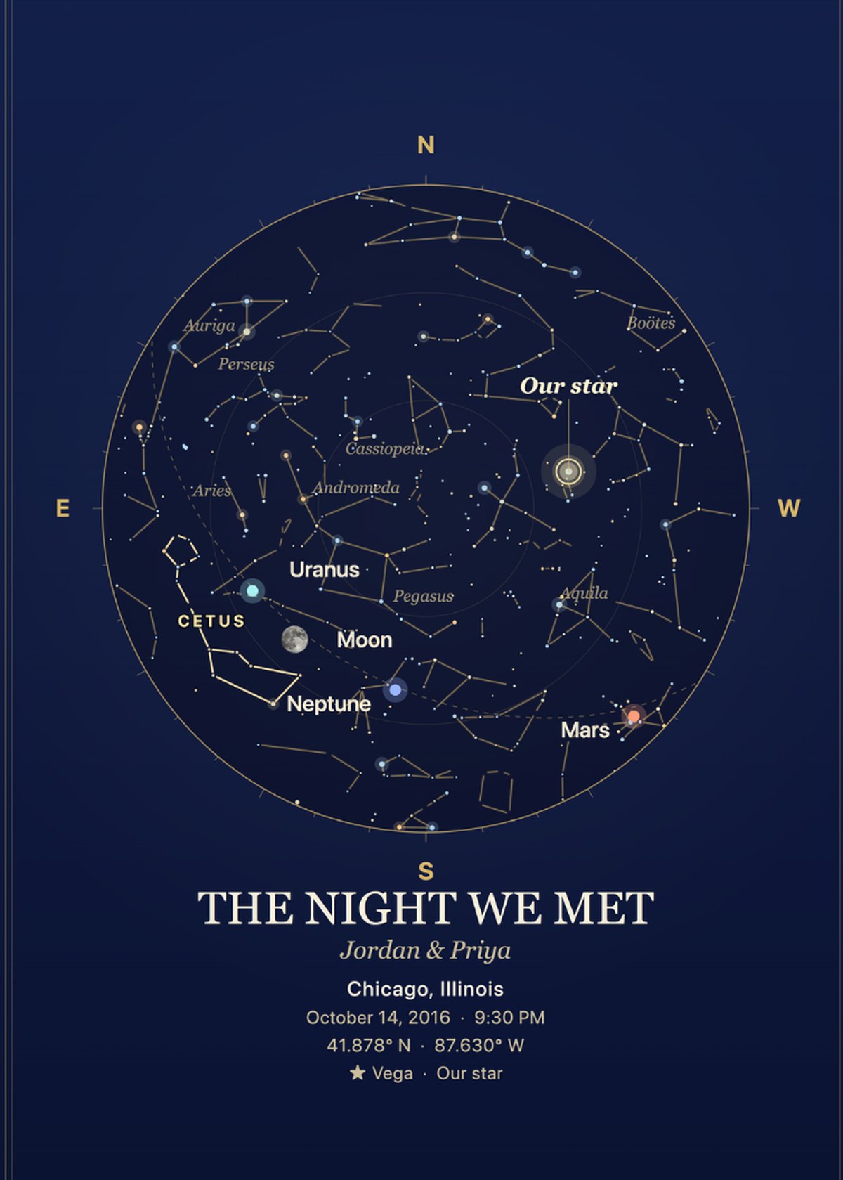 A star map with a painted mountain horizon, framed in a hallway lit by a warm wall sconce.