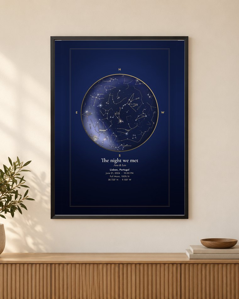 Framed print with an example star map for sky over your wedding day