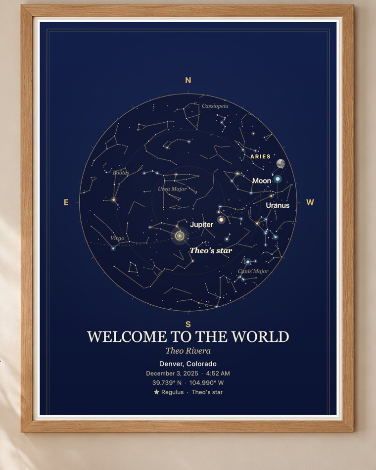 Printable file with an example star map for sky over your wedding day