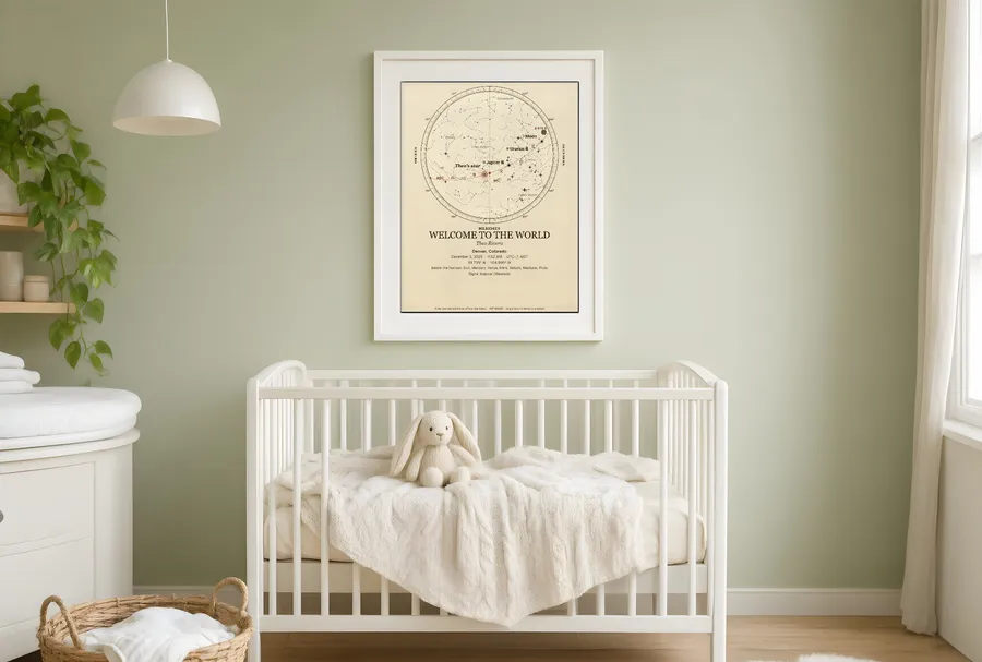 A cream-colored star map of the sky on a birth date hanging above a crib